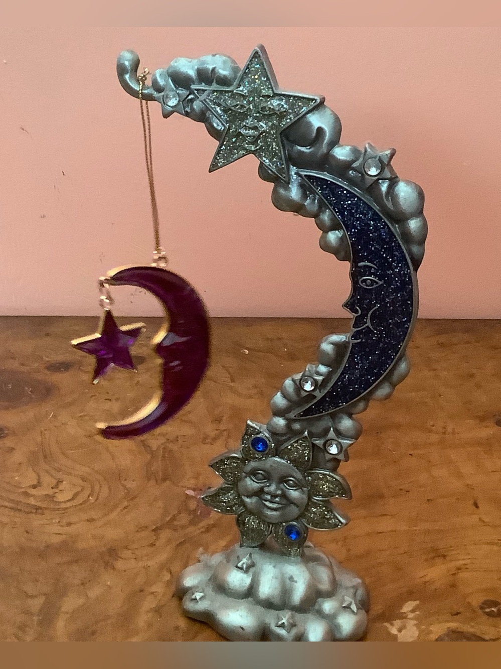 Pewter Glitter Blue Purple Enameled Moon Face Star Ornament Holder Stand 8”